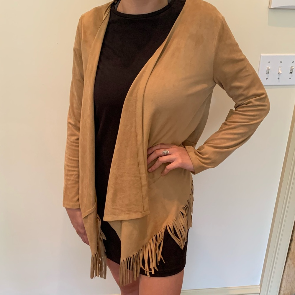 Washable lightweight suede brown fringe cardigan